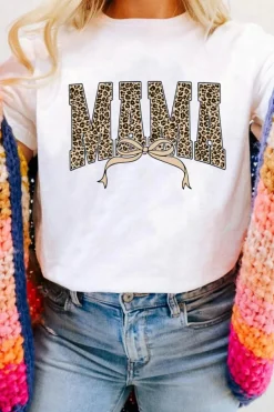 Fashion Dear-Lover Leopard Bow MAMA Graphic Crew Neck T Shirt White
