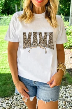 Fashion Dear-Lover Leopard Bow MAMA Graphic Crew Neck T Shirt White