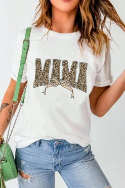 Fashion Dear-Lover Leopard Bow MAMA Graphic Crew Neck T Shirt White