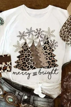 Discount Dear-Lover Leopard Christmas Tree Graphic Crew Neck T Shirt White