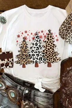 Sale Dear-Lover Leopard Christmas Tree Graphic Crewneck Tee White
