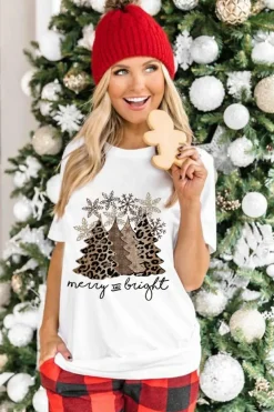 Discount Dear-Lover Leopard Christmas Tree Graphic Crew Neck T Shirt White