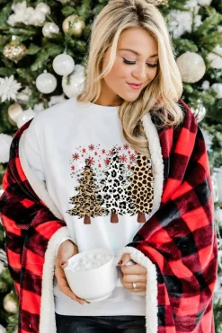 Sale Dear-Lover Leopard Christmas Tree Graphic Crewneck Tee White