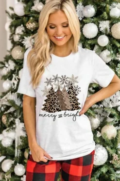 Discount Dear-Lover Leopard Christmas Tree Graphic Crew Neck T Shirt White