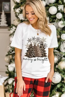Discount Dear-Lover Leopard Christmas Tree Graphic Crew Neck T Shirt White