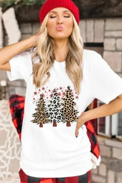 Sale Dear-Lover Leopard Christmas Tree Graphic Crewneck Tee White