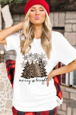 Discount Dear-Lover Leopard Christmas Tree Graphic Crew Neck T Shirt White