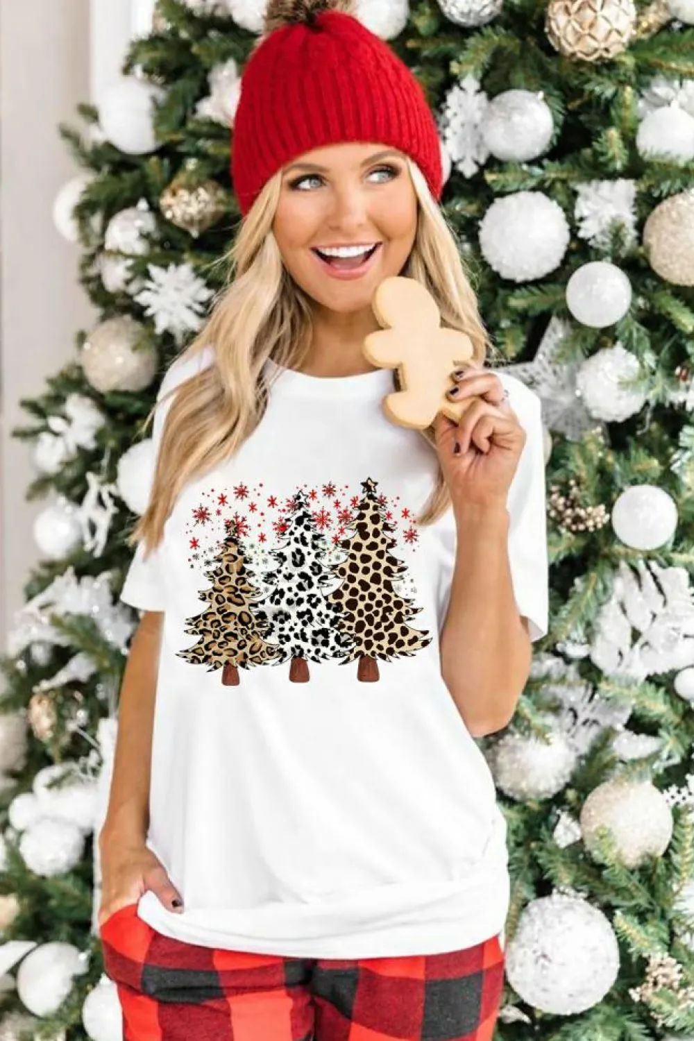 Sale Dear-Lover Leopard Christmas Tree Graphic Crewneck Tee White