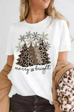 Discount Dear-Lover Leopard Christmas Tree Graphic Crew Neck T Shirt White