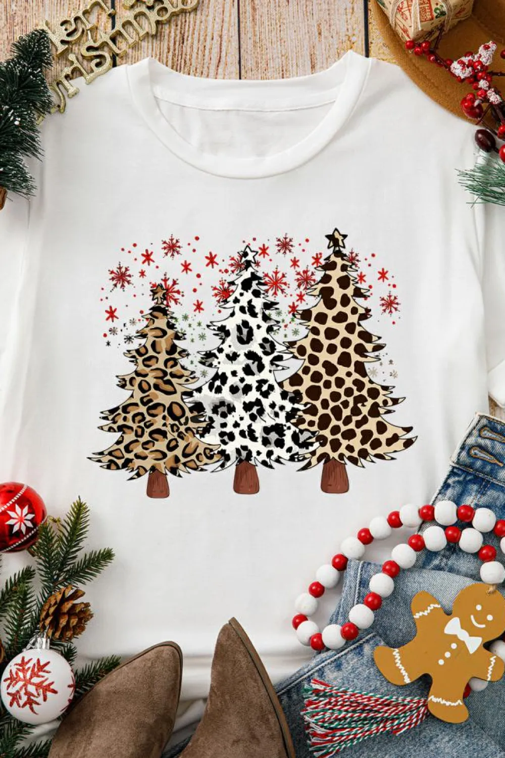 Sale Dear-Lover Leopard Christmas Tree Graphic Crewneck Tee White