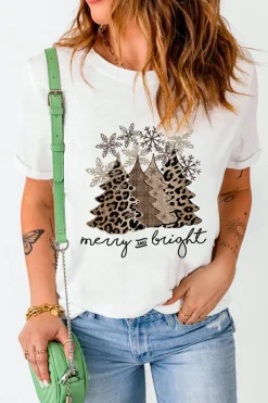 Discount Dear-Lover Leopard Christmas Tree Graphic Crew Neck T Shirt White