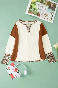 Best Dear-Lover Leopard Color Block Patchwork Split Neck Long Sleeve Top White