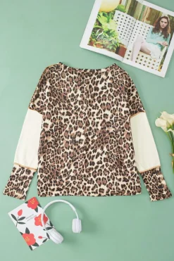 Best Dear-Lover Leopard Color Block Patchwork Split Neck Long Sleeve Top White