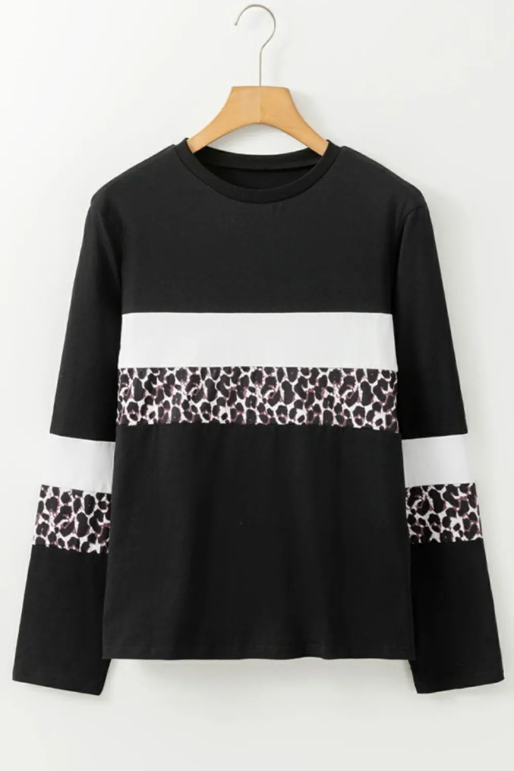 New Dear-Lover Leopard Colorblock Patchwork Crew Neck Long Sleeve Tee White