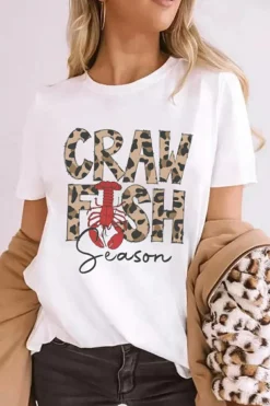 Clearance Dear-Lover Leopard CRAWFISH Season Lettering Casual Tee White