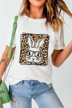 Hot Dear-Lover Leopard Cute Bunny Graphic Crewneck Easter Tee White