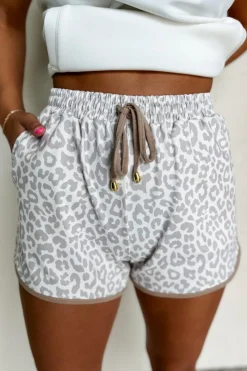 Clearance Dear-Lover Leopard Elastic Waist Lace up Contrast Trim Casual Shorts White