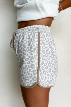 Clearance Dear-Lover Leopard Elastic Waist Lace up Contrast Trim Casual Shorts White