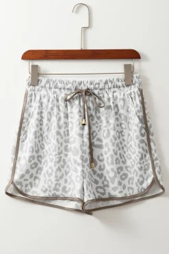 Clearance Dear-Lover Leopard Elastic Waist Lace up Contrast Trim Casual Shorts White