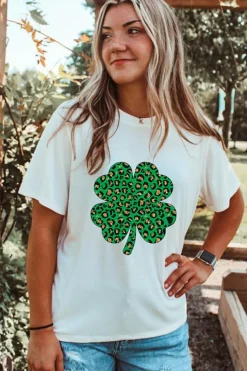New Dear-Lover Leopard Four Leaf Clover Graphic Tee White