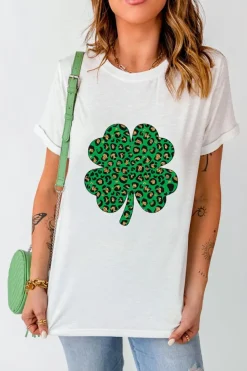 New Dear-Lover Leopard Four Leaf Clover Graphic Tee White