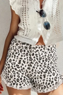 Sale Dear-Lover Leopard Frayed Hem Denim Shorts White
