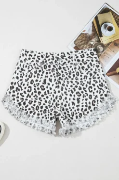 Sale Dear-Lover Leopard Frayed Hem Denim Shorts White