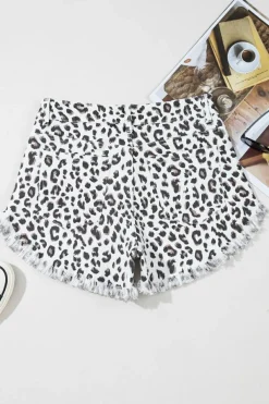 Sale Dear-Lover Leopard Frayed Hem Denim Shorts White
