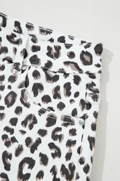 Sale Dear-Lover Leopard Frayed Hem Denim Shorts White