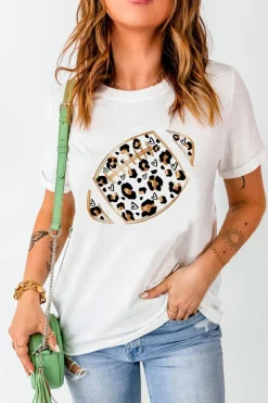 Sale Dear-Lover Leopard Hearts Rugby Football Print Short Sleeve T Shirt White