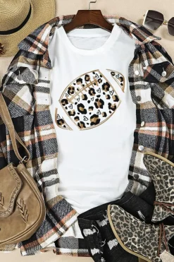 Sale Dear-Lover Leopard Hearts Rugby Football Print Short Sleeve T Shirt White
