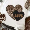 New Dear-Lover Leopard LOVE Double Heart Printed Valentines Graphic Tee White