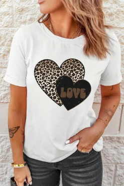New Dear-Lover Leopard LOVE Double Heart Printed Valentines Graphic Tee White