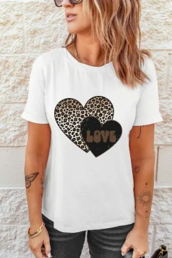 New Dear-Lover Leopard LOVE Double Heart Printed Valentines Graphic Tee White