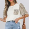 Best Dear-Lover Leopard Patchwork Crochet Lace Trim Puff Sleeve T Shirt White