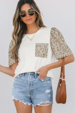 Best Dear-Lover Leopard Patchwork Crochet Lace Trim Puff Sleeve T Shirt White