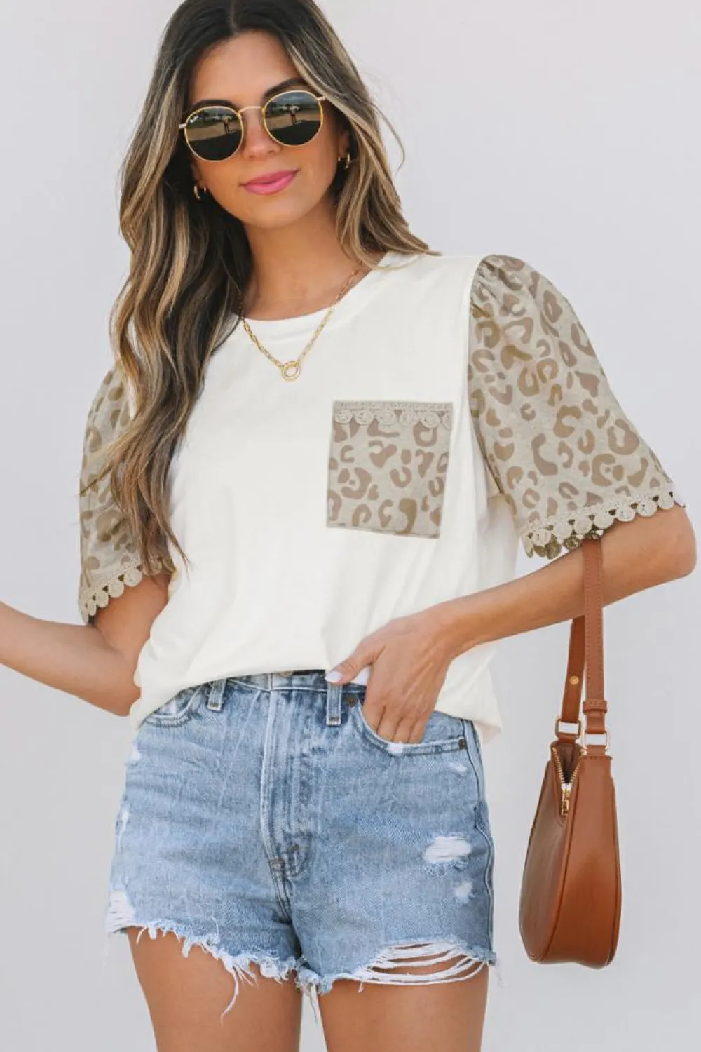 Best Dear-Lover Leopard Patchwork Crochet Lace Trim Puff Sleeve T Shirt White