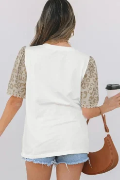 Best Dear-Lover Leopard Patchwork Crochet Lace Trim Puff Sleeve T Shirt White