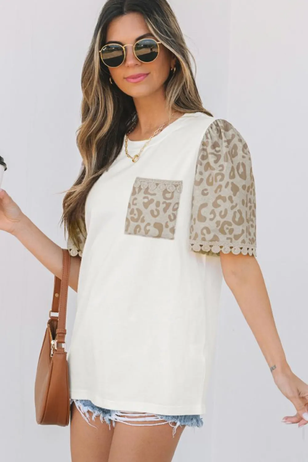 Best Dear-Lover Leopard Patchwork Crochet Lace Trim Puff Sleeve T Shirt White