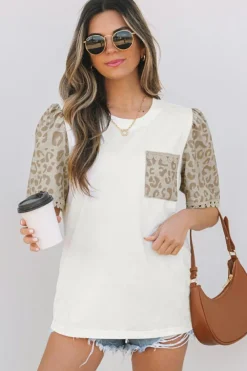 Best Dear-Lover Leopard Patchwork Crochet Lace Trim Puff Sleeve T Shirt White