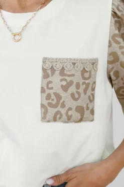 Best Dear-Lover Leopard Patchwork Crochet Lace Trim Puff Sleeve T Shirt White