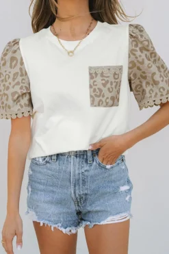 Best Dear-Lover Leopard Patchwork Crochet Lace Trim Puff Sleeve T Shirt White