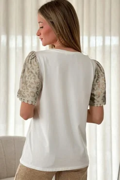 Best Dear-Lover Leopard Patchwork Crochet Lace Trim Puff Sleeve T Shirt White