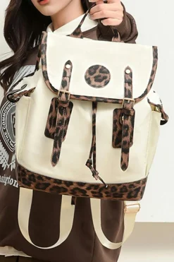 Clearance Dear-Lover Leopard Patchwork Flap PU Leather Large Backpack White