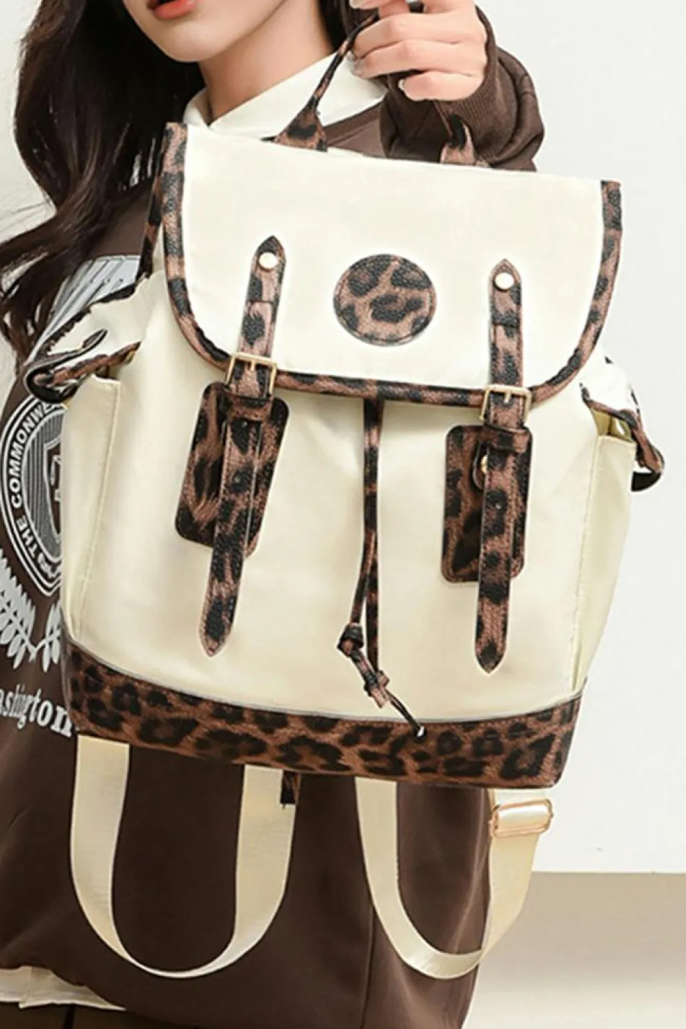 Clearance Dear-Lover Leopard Patchwork Flap PU Leather Large Backpack White