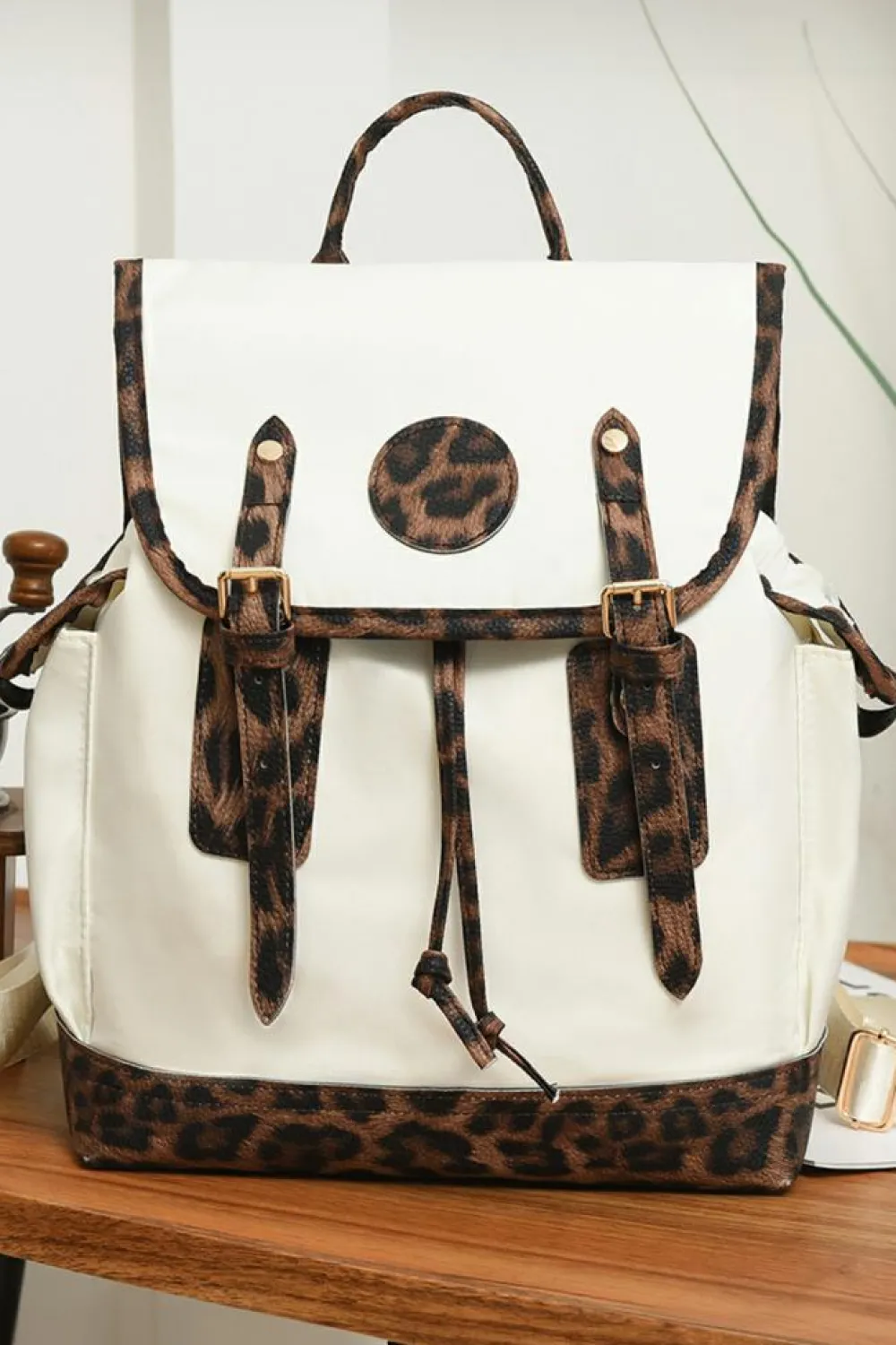 Clearance Dear-Lover Leopard Patchwork Flap PU Leather Large Backpack White