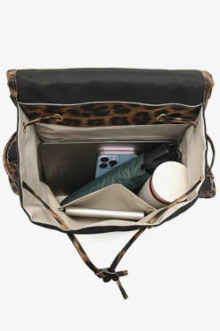 Clearance Dear-Lover Leopard Patchwork Flap PU Leather Large Backpack White