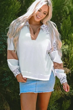 Clearance Dear-Lover Leopard Patchwork Turn-down Collar Waffle Top White