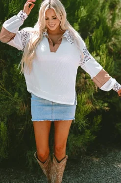Clearance Dear-Lover Leopard Patchwork Turn-down Collar Waffle Top White
