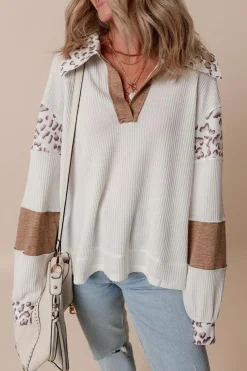 Clearance Dear-Lover Leopard Patchwork Turn-down Collar Waffle Top White